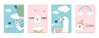 Mavi pembe Lama, yıldız gözlük, kaktüs ve rainbow ile çizilmiş şirin kart ver. Yok drama Lama