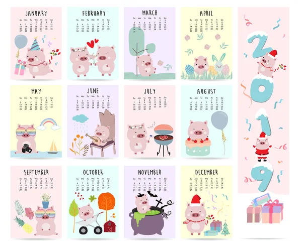 Cute Monthly Calendar 2019 Pig Cake Barbecue Glasses Heart Balloon — стоковый вектор