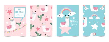 Mavi pembe el Lama, yıldız gözlük, kaktüs, balon ve rainbow ile çizilmiş şirin kart. Kabarcık yok drama Lama