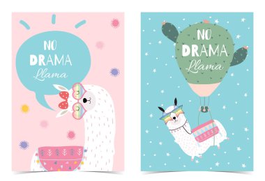 Mavi pembe el Lama, yıldız, Gözlük, kaktüs, balon ve rainbow ile çizilmiş şirin kart. Kabarcık yok drama Lama