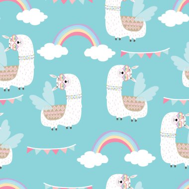 Mavi el çekilmiş şirin seamless modeli Lama, kanat, kalp gözlük, gökkuşağı, yaz aylarında bayrak