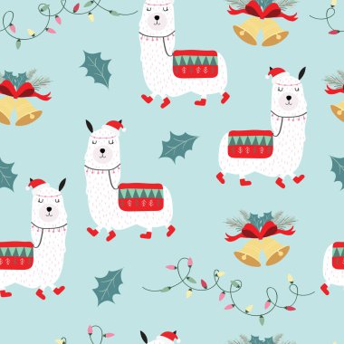 Mavi el Lama, yaprak, çan ve Sunni Noel ışık ile çizilmiş şirin seamless modeli