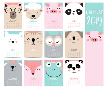 Doodle takvim ayı, domuz, panda, koyun, kedi, baykuş, fox, sis, koala ile 2019 çocuklar için ayarlayın. Yazdırılabilir grafik için kullanılabilir