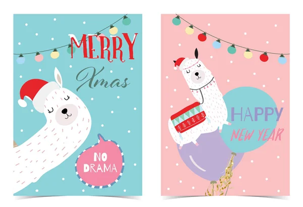 Blue Pink Hand Drawn Cute Card Llama Christmas Tree Light — стоковый вектор