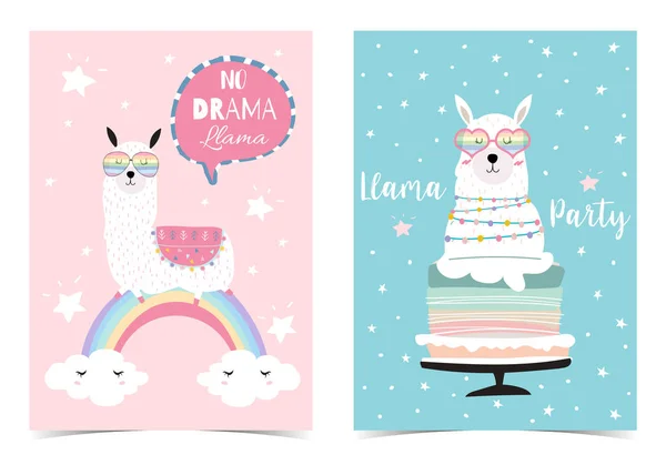 Blue Pink Hand Drawn Cute Card Llama Star Glasses Cactus — стоковый вектор