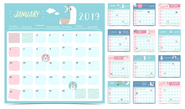 Schattig Maandkalender 2019 Met Lama Regenboog Cactus Bril Hart Ster — Stockvector