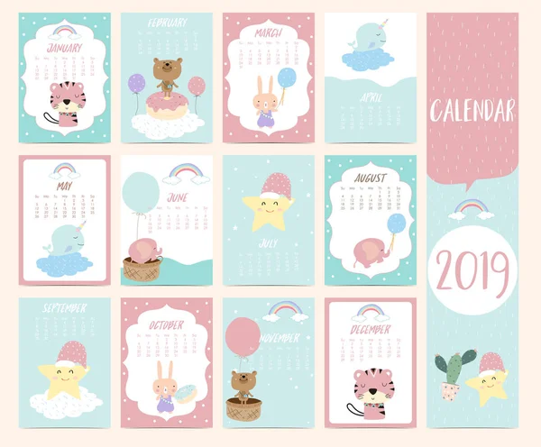 Set Calendario Doodle 2019 Con Stella Elefante Orso Narvalo Puzzola — Vettoriale Stock