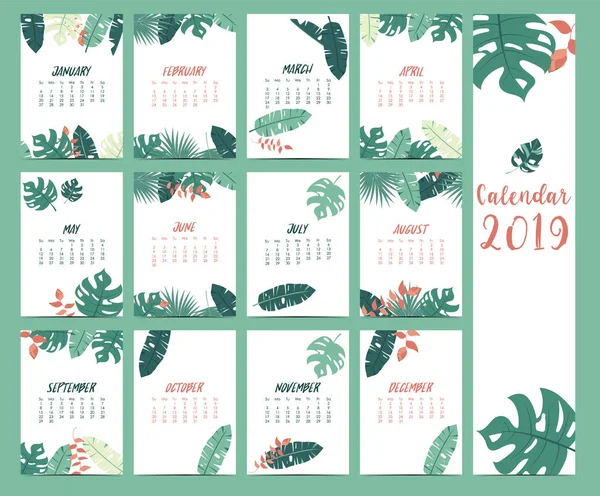 Doodle Kalendarz Ustawiony 2019 Liści Bananów Hibiscus Palmy Drzewa Kokosowe — Wektor stockowy