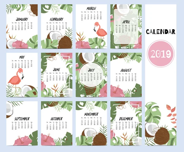 Set Calendario Doodle 2019 Con Foglia Banana Ibisco Palma Albero — Vettoriale Stock