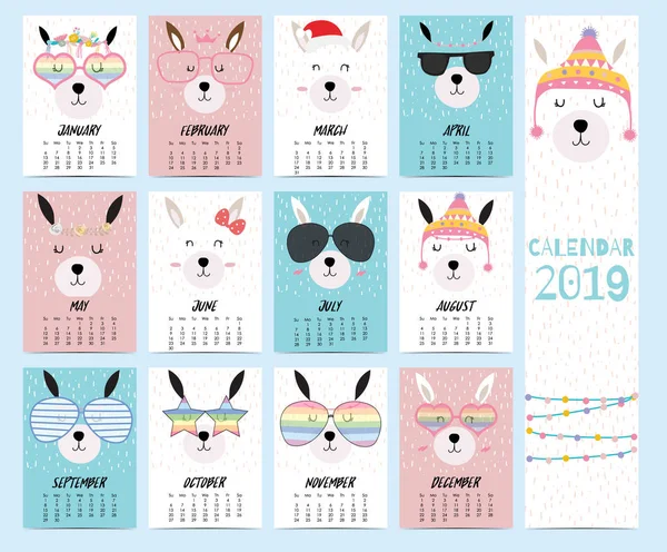 Doodle Calendar Set 2019 Llama Christmas Glasses Heart Star Children — стоковый вектор