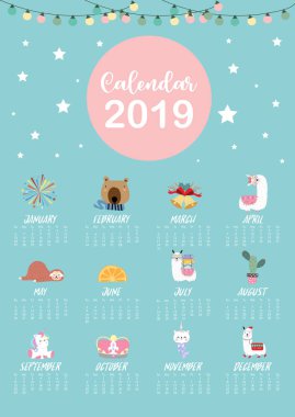 Şirin aylık takvim 2019 Lama, havai fişek, kaktüs, caticorn, çocuklar için ayı. Web, afiş, poster, etiket için kullanılır ve yazdırılabilir olabilir
