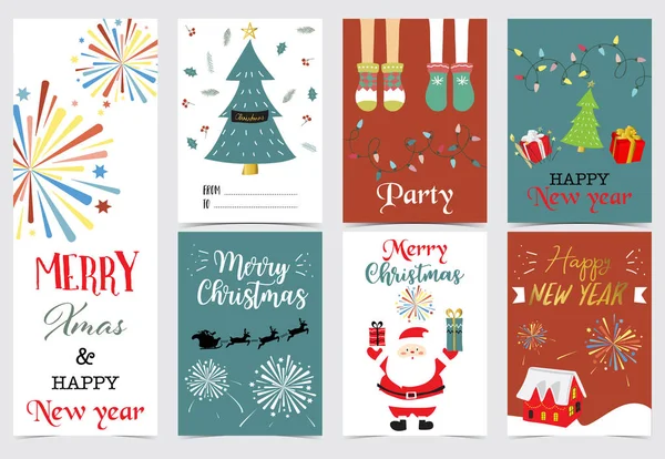 Grün Rote Weihnachtskarte Mit Weihnachtsbaum Socke Geschenk Haus Licht Feuerwerk — Stockvektor