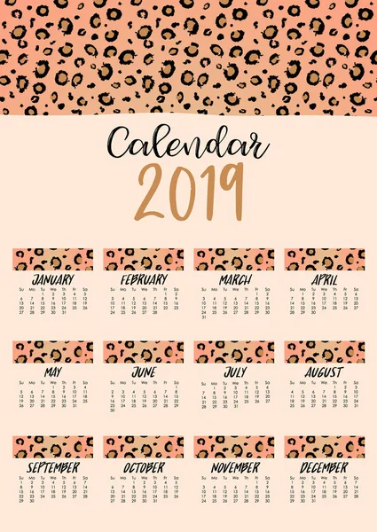 Коричневий Жовтий Щомісячним Календарем 2019 Леопард Шкіри Можна Використовувати Веб — стоковий вектор