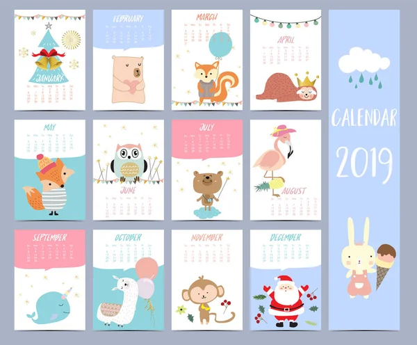 Calendario Doodle 2019 Con Babbo Natale Albero Natale Orso Scoiattolo — Vettoriale Stock