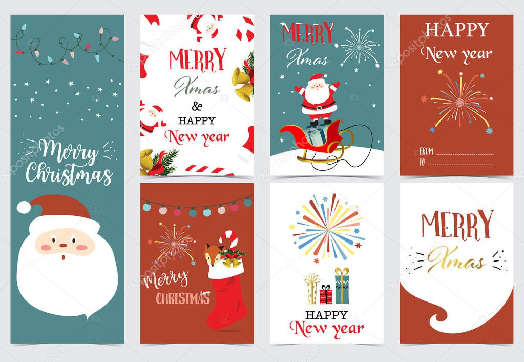 Green red glod christmas card with christmas tree,bell,gift,light,firework and santa claus