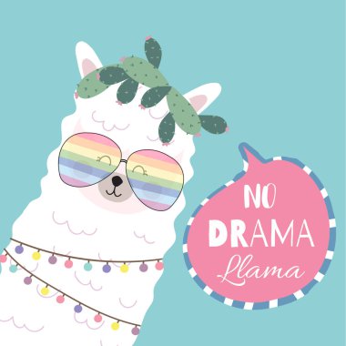 Mavi pembe el llama,glasses,heart.no drama Lama ile şirin kart çizilmiş