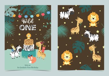 Aslan, zürafa, zebra, Lama, fox ve hediye ile yeşil Doğum günü kartı