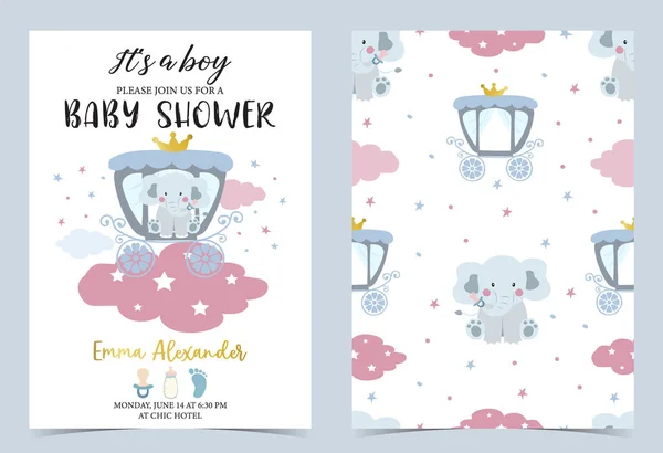 Pink blue birthday invitation with carriage,elephant,bottle,milk and cloud