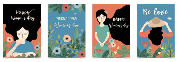 Ornage blue International Happy Women's Day with women,flower and leaf