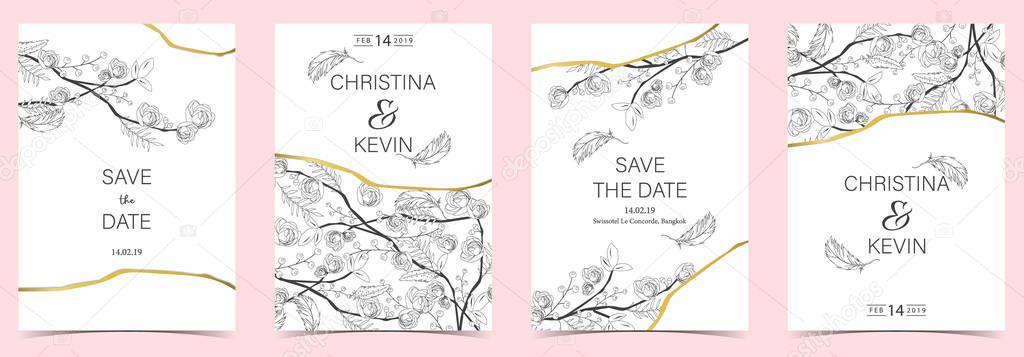 Geometry white,black,gold outline wedding invitation card with rose,leaf,wreath,feather drawing and frame
