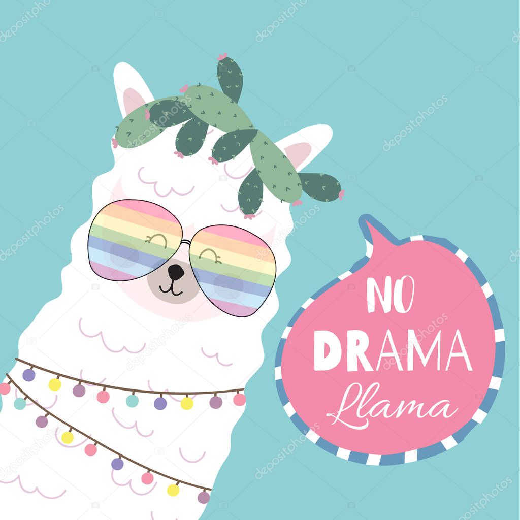 Blue pink hand drawn cute card with llama,glasses,heart.no drama llama