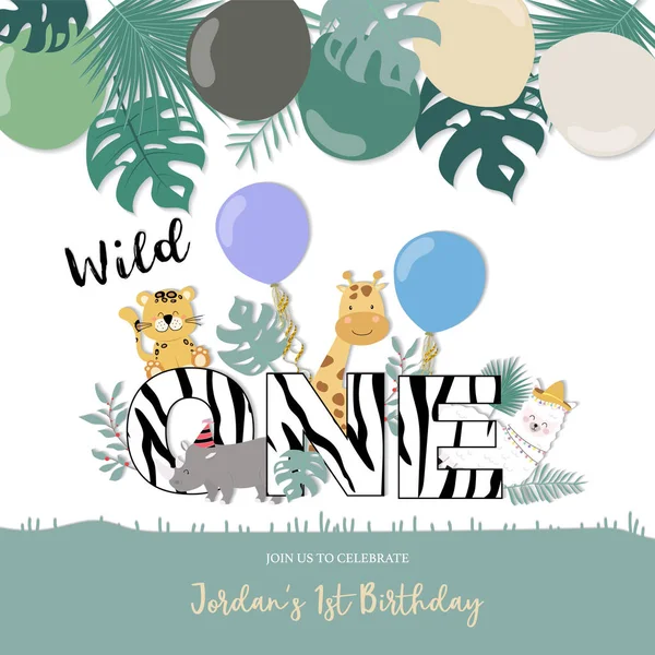 Kartka Urodzinowa Zielony Rhino Tygrys Zebra Lamy Balon — Wektor stockowy