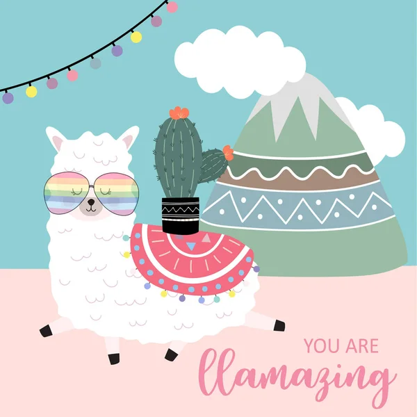 Blue Pink Tangan Ditarik Cute Card Dengan Llama Bunga Cahaya - Stok Vektor