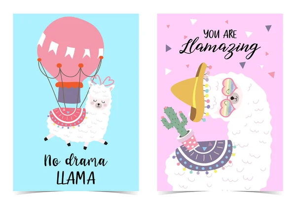 Azul Rosa Mano Dibujado Linda Tarjeta Con Llama Globo Sombrero — Archivo Imágenes Vectoriales