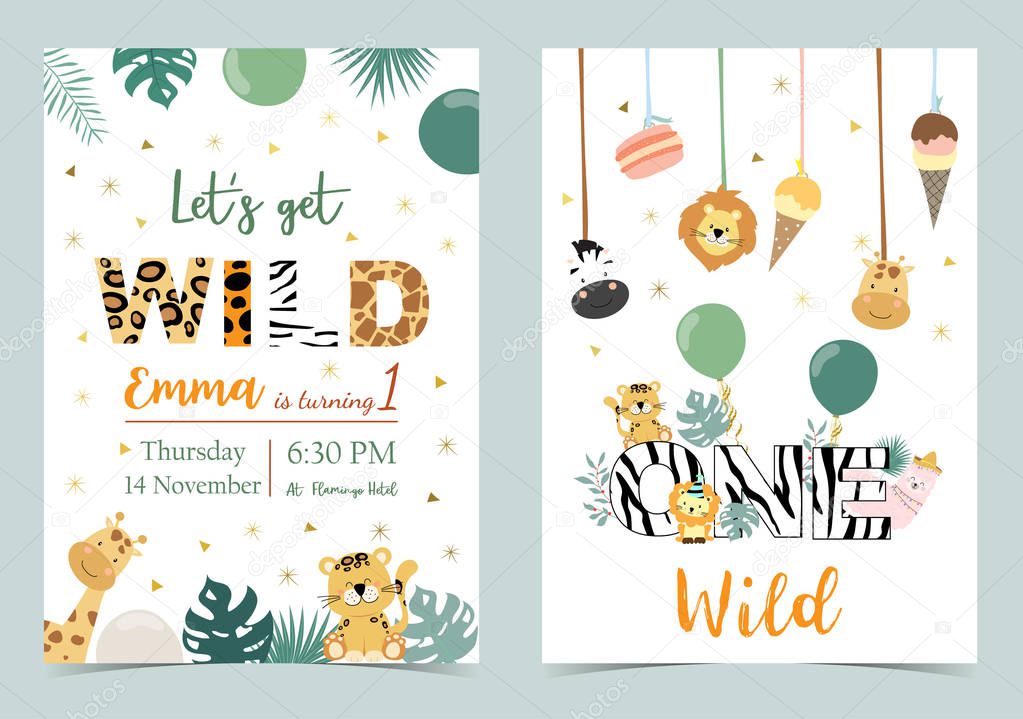 Green birthday card with tiger,giraffe,zebra,llama,lion,ice cream and balloon