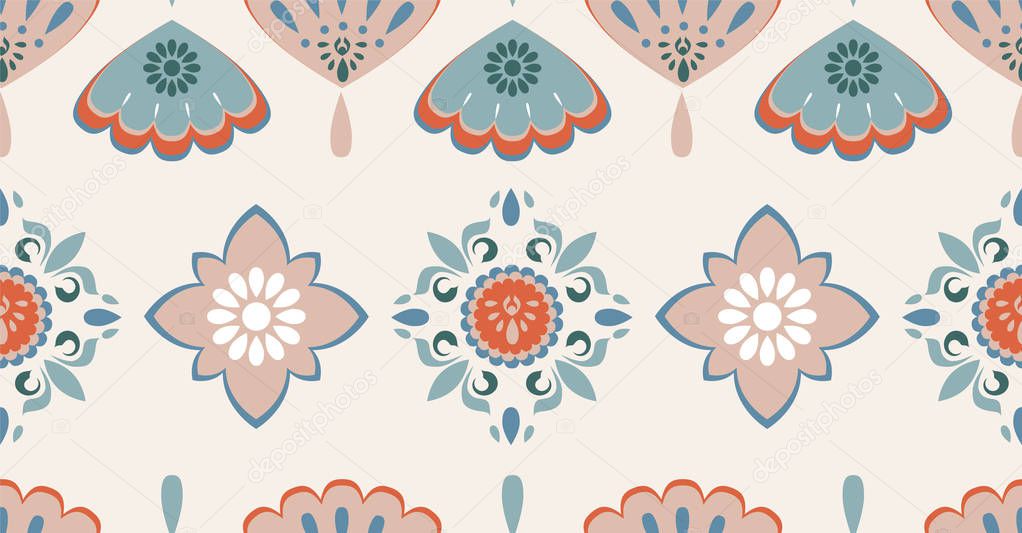 orange green pink cream geometric seamless pattern in African style with square,tribal,circle shape