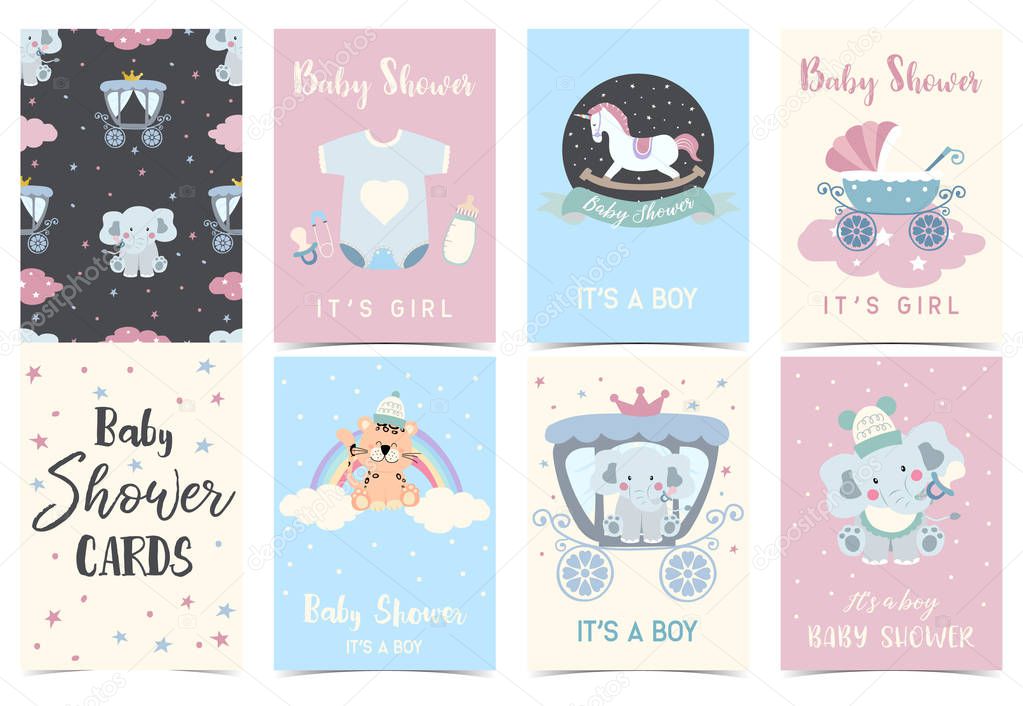 Pink blue baby shower invitation with carriage,star,elephant,bottle,tiger,milk and cloud