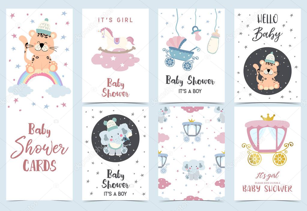 Pink blue baby shower invitation with carriage,star,elephant,bottle,tiger,milk and cloud