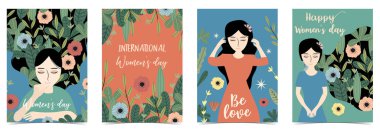 Turuncu yeşil mavi dünya mutlu kadınlar günü kadınlar, çiçek ve yaprak ile