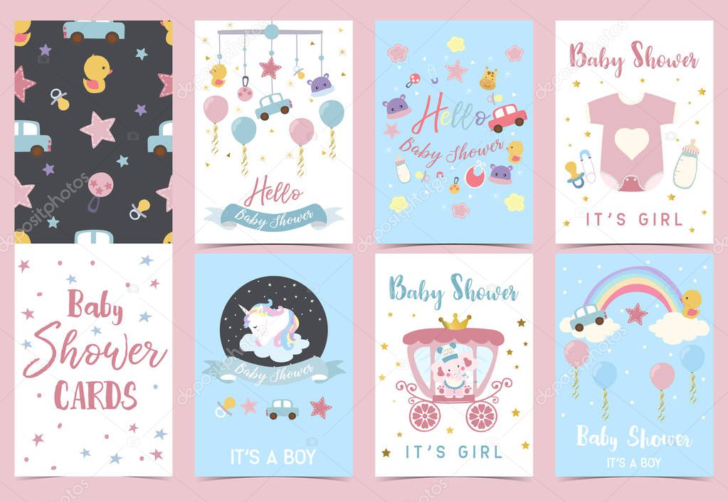 Pink blue baby shower invitation with unicorn,star,elephant,bottle,duck,milk and cloud