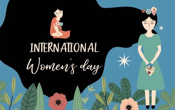 Orange International Happy Women Day Avec Des Femmes Fleurs Feuilles — Image vectorielle