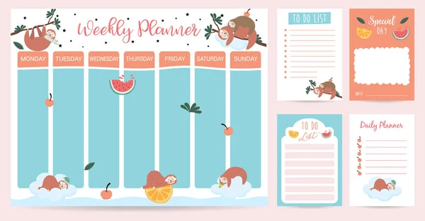 Pastel Weekly Planner Sloth Watermelon Orange Tree — Stock Vector