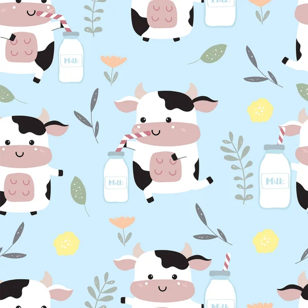 Blue kawaii seamless pattern with cow,milk,flower and leaf