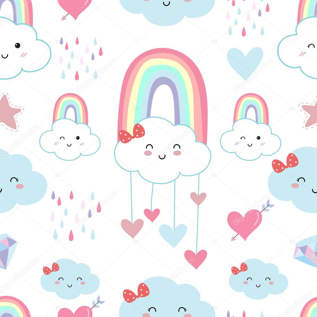 Blue kawaii seamless pattern with rainbow,star,rain,cloud and heart element