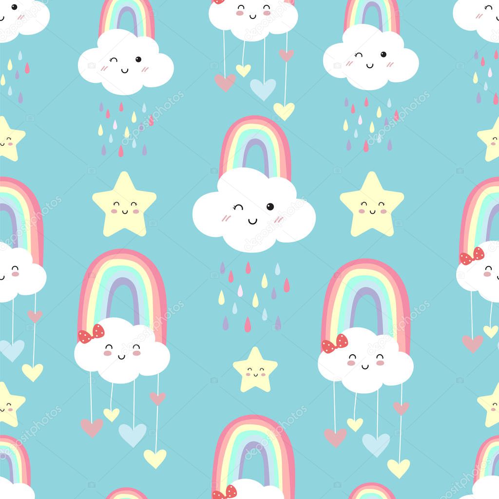 Blue kawaii seamless pattern with rainbow,star,rain,cloud and heart element