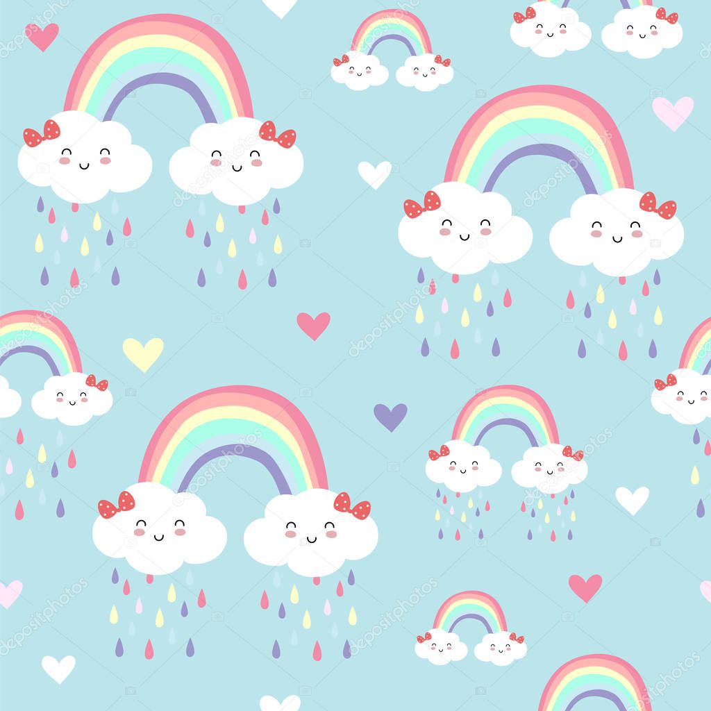 Blue kawaii seamless pattern with rainbow,cloud,heart and rain element