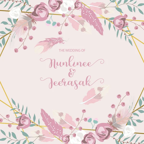 Carte Invitation Mariage Géométrie Rose Avec Rose Feuille Ruban Couronne — Image vectorielle