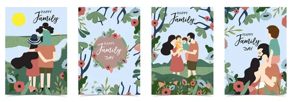 Ornage Blue Family Postcard Women Man Children Flower Leaf — стоковый вектор