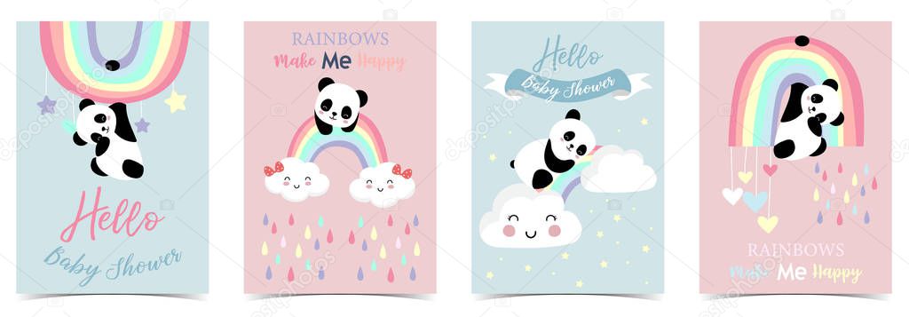 Colorful hand drawn cute card with rainbow,heart,cloud,panda and rain.Rainbow make me happy