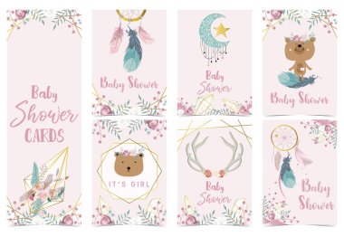 Geometri pembe altın bebek duş davetiye gül, yaprak, dreamcatcher, çelenk, tüy ve ayı ile