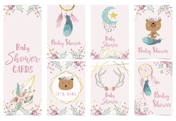 Geometry Pink Gold Baby Shower Invitation Card Rose Leaf Dreamcatcher — стоковый вектор