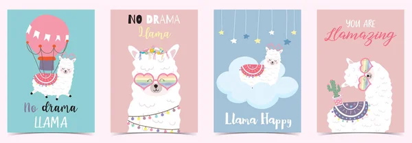 Μπλε Ροζ Χέρι Χαριτωμένο Κάρτα Λάμα Δράμα Llama Balloon Glasses — Διανυσματικό Αρχείο