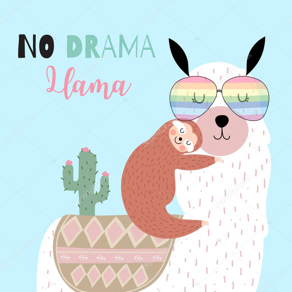 Green hand drawn cute card with llama,glasses,sloth,cactus.No drama