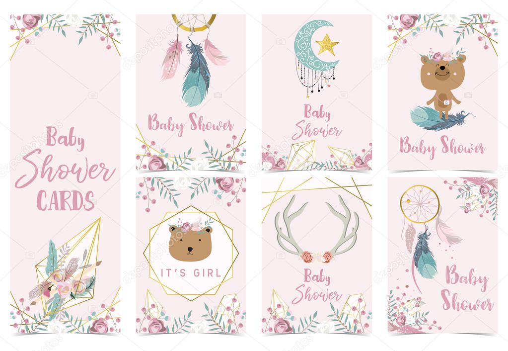 Geometry pink gold baby shower invitation card with rose,leaf,dreamcatcher,wreath,feather and bear