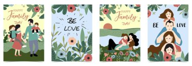 Kadın, adam ile ornage mavi aile kartpostal; çocuk, çiçek ve l