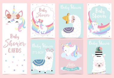 Mavi pembe Lama, gökkuşağı, tek boynuzlu at ile çizilmiş şirin kart ver. Hayır dr